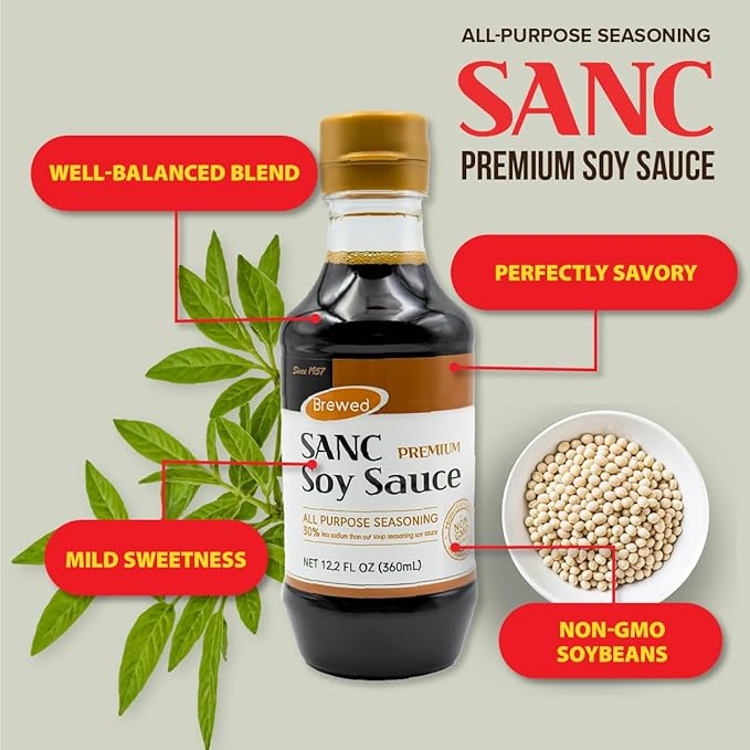 SANC All Purpose Premium Soy Sauce, 12.2 Fl Oz (Upgraded Version) – No high fructose corn syrup, Less-Sodium Salt Substitute, NON-GMO Bean, No Artificial Additives, Naturally Brewed Soy Sauce