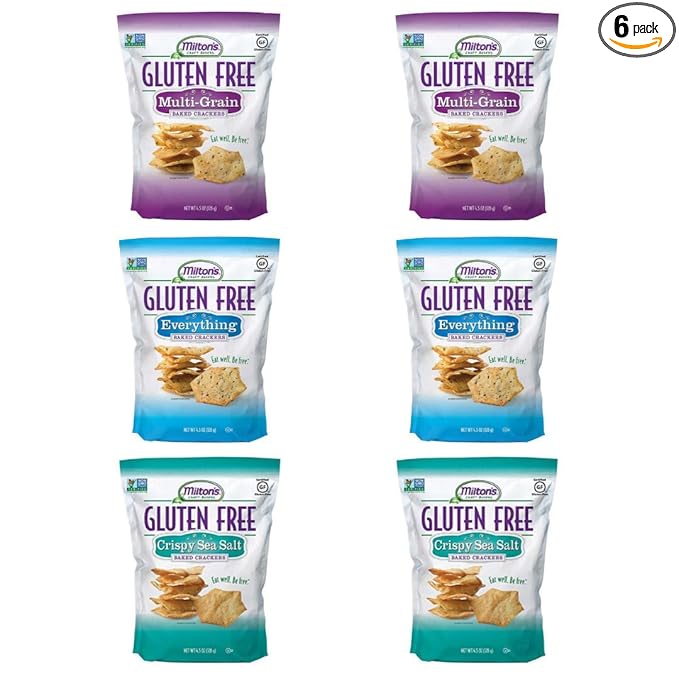 Milton’s Gluten Free Crackers Variety Bundle (Crispy Sea Salt, Multi-Grain, Everything) - Baked Crackers, Non-GMO Project Verified, Kosher, Whole Grain, Certified Gluten Free - 2 of Each, Pack of 6