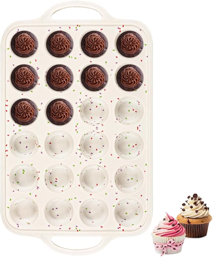 Fimary Silicone Mini Muffin Pan With Metal Reinforced Frame - 24 Cups Durable Silicone Cupcake Pan for Muffin, Cupcakes, BPA Free and Dishwasher Safe - 1 Piece Beige with Rainbow Spots