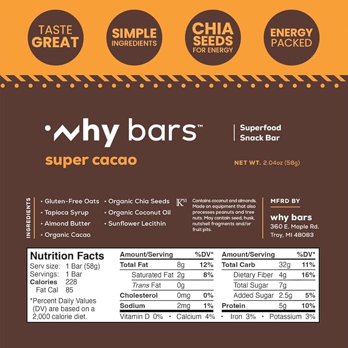 Why Bars, Superfood Protein Bars, 2.04 Ounce Bars - Protein Bar Superfood, Gluten Free, Non GMO, Organic, Vegan, Simple Ingredients (Cacao)
