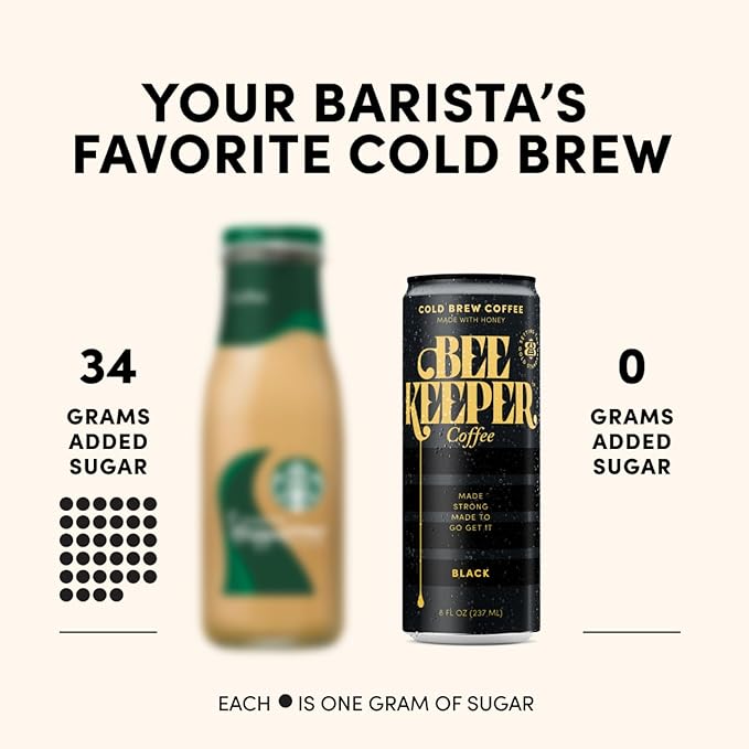 Beekeeper Black Cold Brew Coffee Drinks with Oregon Honey | 12 Pack Refreshing Iced Coffee - Unsweetened & Strong Arabica Brew, 8 fl oz Ready-to-Drink Can - 180mg Natural Caffeine