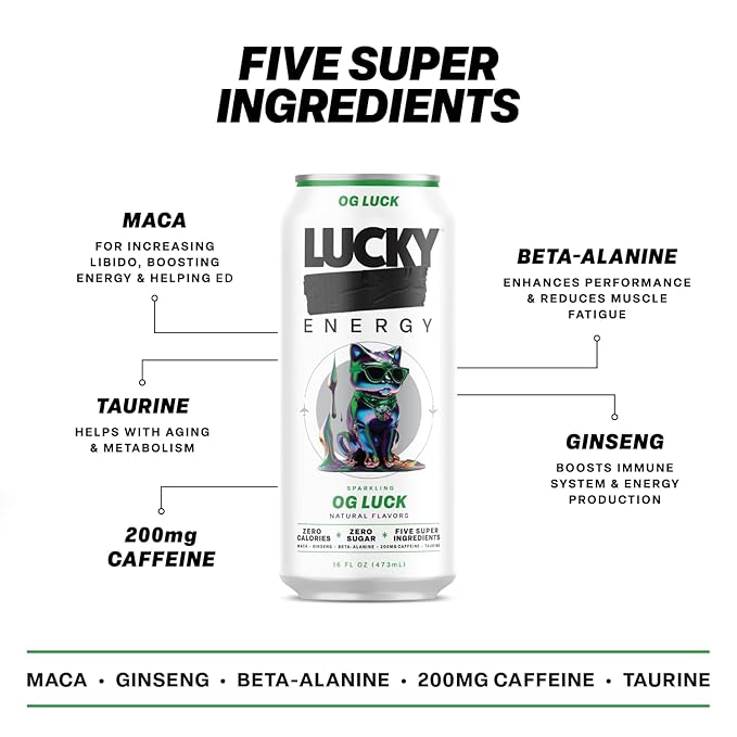 Lucky Energy Sugar Free Energy Drinks, OG Luck, 16oz Cans (12-Pack) Healthy, Zero Sugar Energy Drink with Maca, Ginseng, Beta-Alanine, Taurine & 200mg Caffeine