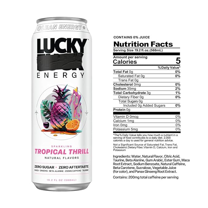 Lucky Energy Sugar Free Energy Drinks, Tropical Thrill, 16oz Cans (12-Pack) Healthy, Zero Sugar Energy Drink with Maca, Ginseng, Beta-Alanine, Taurine & 200mg Caffeine
