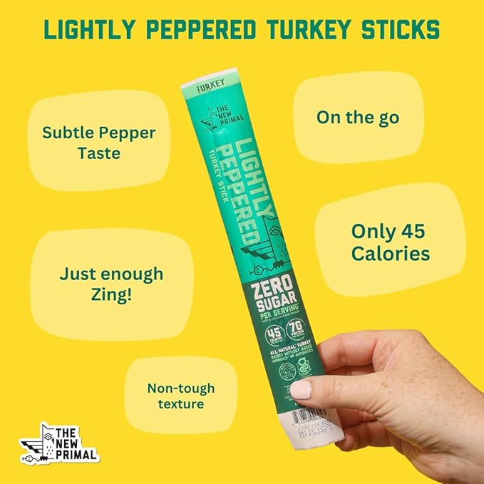 New Primal Lightly Peppered Turkey Sticks, Keto & Gluten Free Healthy Snacks for Adults, Sugar Free Low Carb High Protein Snack, Paleo Whole30 Jerky Meat Stick, 7g Protein, 45 Calories, 5 Pack