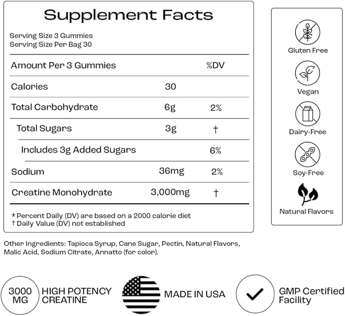 Creatine Monohydrate Gummies - Supports Muscle Growth, Recovery & Brain Function - Convenient & Easy to Take - Great Tasting Peach Flavor - 1g per Gummy, Low Sugar - 90 Count (Peach)