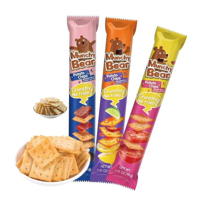 Munchy Bear Baked Savory Crackers – 3 Flavor Variety Pack (Tomato, BBQ & Spicy Lemon) 9Packs Non-Fried Crispy Crackers Halal-Certified Healthy Snack for Home, Office & On-the-Go