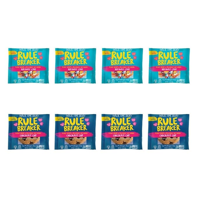 Rule Breaker Vegan & Gluten Free Cookies | Chocolate Chip & Birthday Cake | Plant-Based, Dairy, Nut, Soy, Allergen Free, Kosher | Soft-Baked School Snacks Cookies for Kids & Adults (Pack of 8)