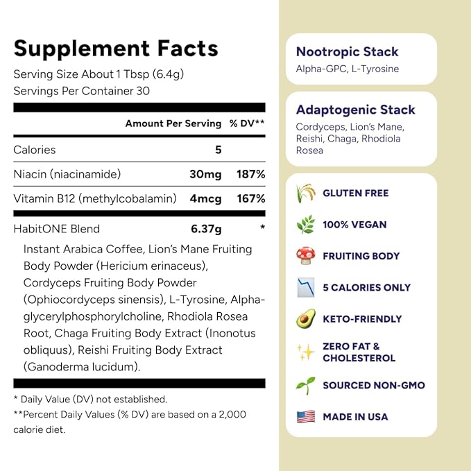 Jitters-free Mushroom Coffee Made in USA - Great Taste - Smooth Energy - No Bloating with Lion’s Mane, Cordyceps, Reishi, Chaga – Alpha-GPC & L-Tyrosine, B12 & B3 – 30 Servings