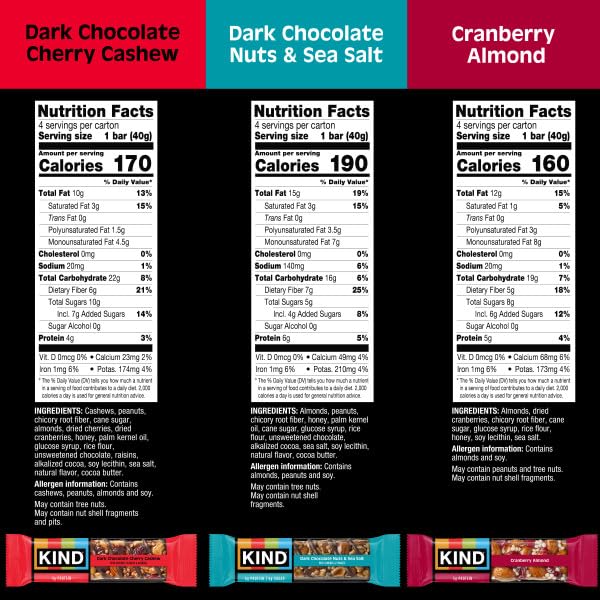 KIND Nut Bars, Cranberry Almond, Dark Chocolate Nuts & Sea Salt, and Dark Chocolate Cherry Cashew, Healthy Snack Bars, Gluten Free, Low Sugar, 4-6g Protein, 12 Count