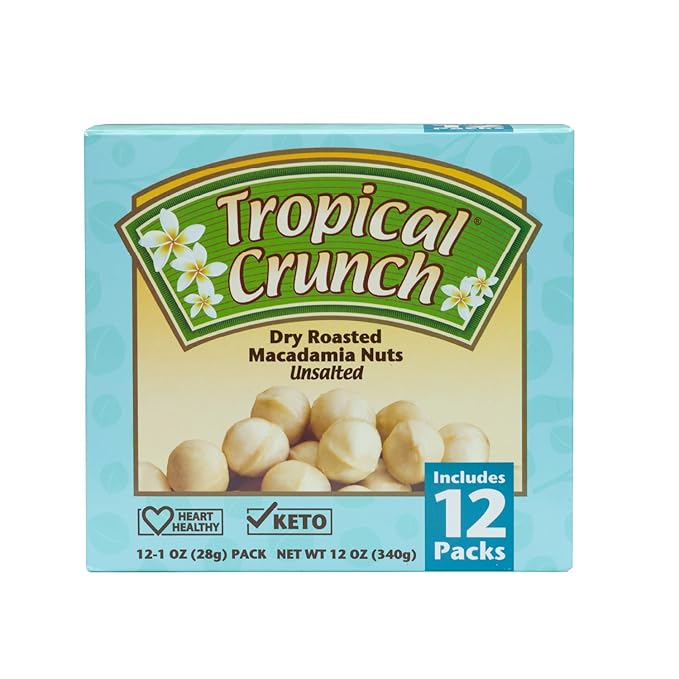 Tropical Crunch Unsalted Macadamia – 12-Pack 1oz Oven-Baked Natural Snack, Vegan, Gluten-Free, Keto-Friendly