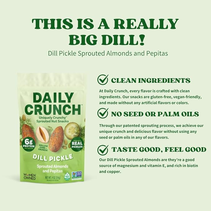Daily Crunch Sprouted Almonds and Dehydrated nuts for a Unique Crunch, Keto Friendly, Non-GMO Zero Seed Oils, Gluten Free, 4oz (6 Pack, Dill Pickle)