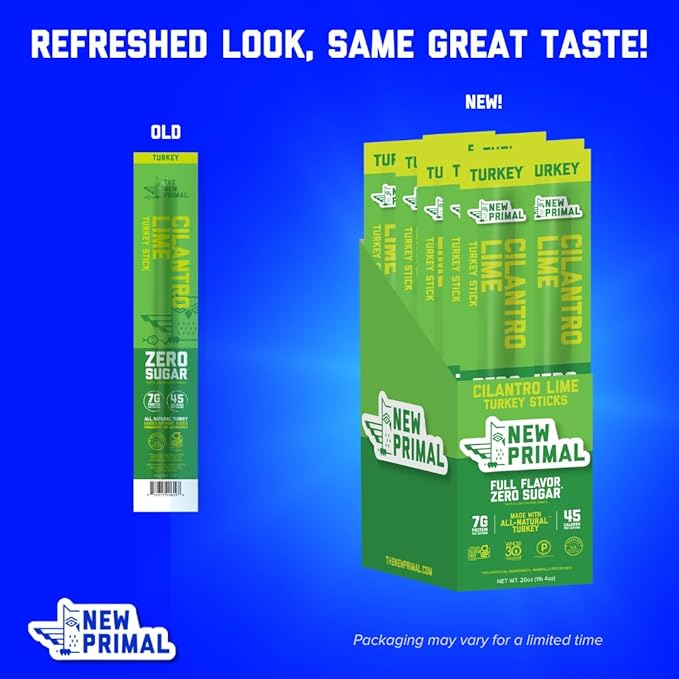 New Primal Cilantro Lime Turkey Sticks, Keto, Gluten Free Healthy Snacks for Adults, Sugar Free Low Carb High Protein, Paleo Whole30 Jerky Meat Stick, 7g Protein, 45 Calories, 1oz (Pack of 20)