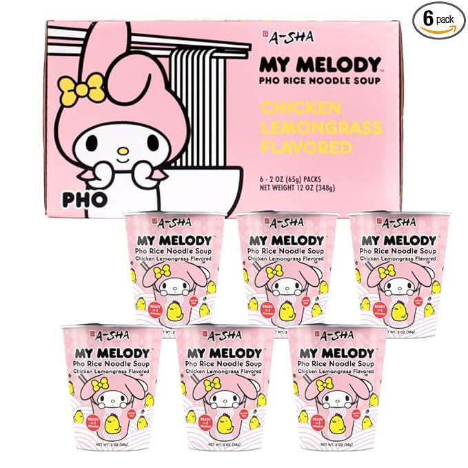 A-SHA My Melody Pho Cup Rice Noodle (6 Cups), Chicken Lemongrass Flavor, Vegetarian, Gluten-Free, Premium Microwavable Rice Noodle Soup, No MSG, Authentic Flavor