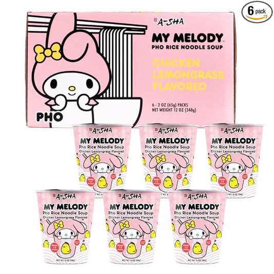 A-SHA My Melody Pho Cup Rice Noodle (6 Cups), Chicken Lemongrass Flavor, Vegetarian, Gluten-Free, Premium Microwavable Rice Noodle Soup, No MSG, Authentic Flavor