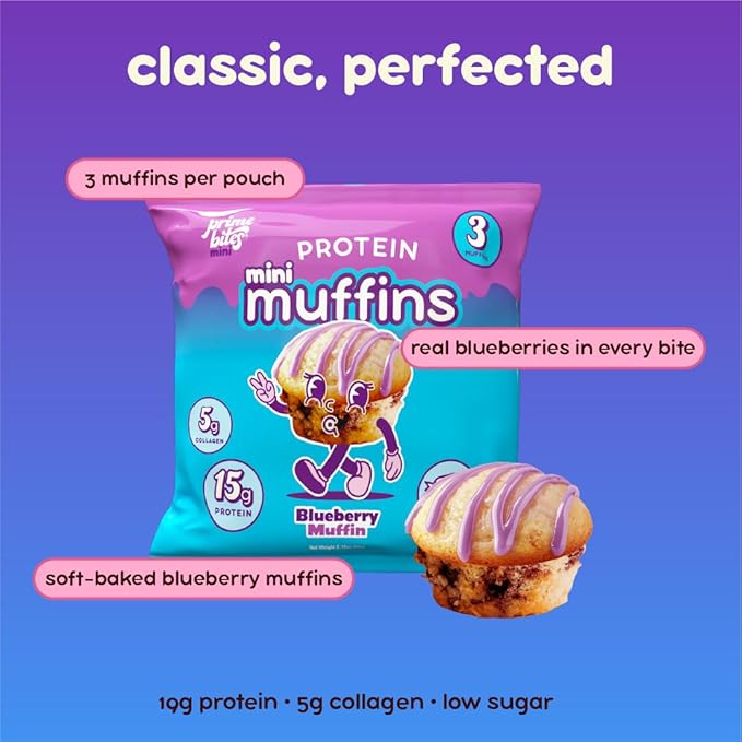 Prime Bites Minis - High Protein Muffin (12 Per Box, Blueberry) - 15g of Protein, 5g of Collagen, Gluten Free, Low Sugar Treat, Delicious Protein Snack