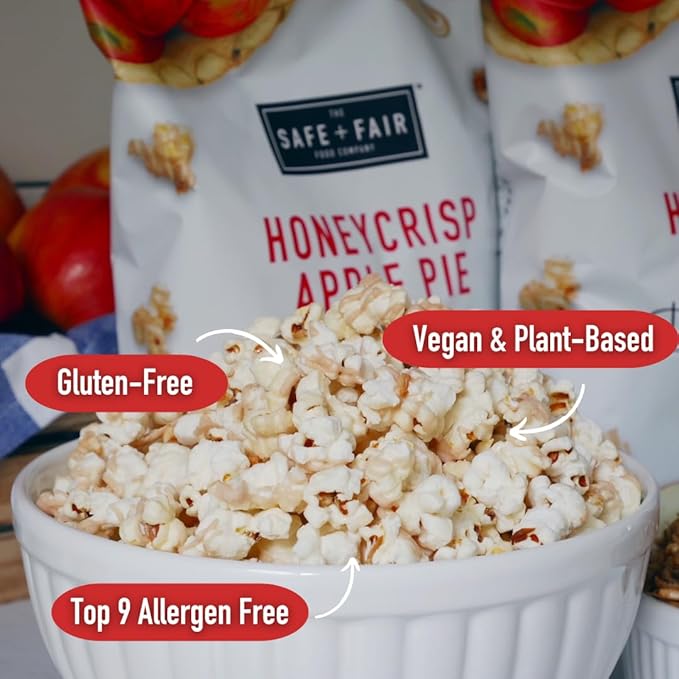 Safe + Fair Plant-Based Gourmet Apple Pie Flavored Popcorn - Honeycrisp Apple Pie Drizzled Kettle Corn Popcorn Non-GMO Gluten-Free Snacks 5.5 ounce, 6 Pack