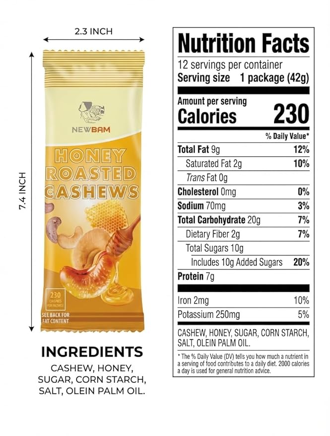 NEWBAM Honey Roasted Cashews – 12 Individual Snack Packs (1.5oz Each) – Sweet Crunchy Nuts, Healthy On-the-Go Protein Snack – Gluten-Free, Made in Vietnam