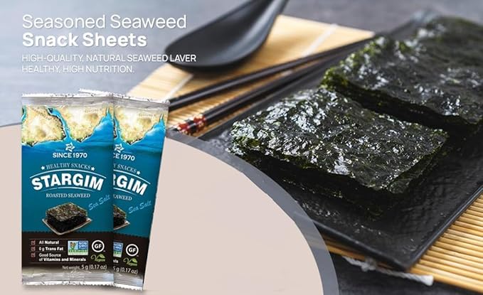 STARGIM Seasoned Seaweed Snacks Sheets – 12 Individual Packs Roasted Gim, Fat Gluten Free Sea Salt 100% Natural Laver 5g 0.17 Ounce(12packs)