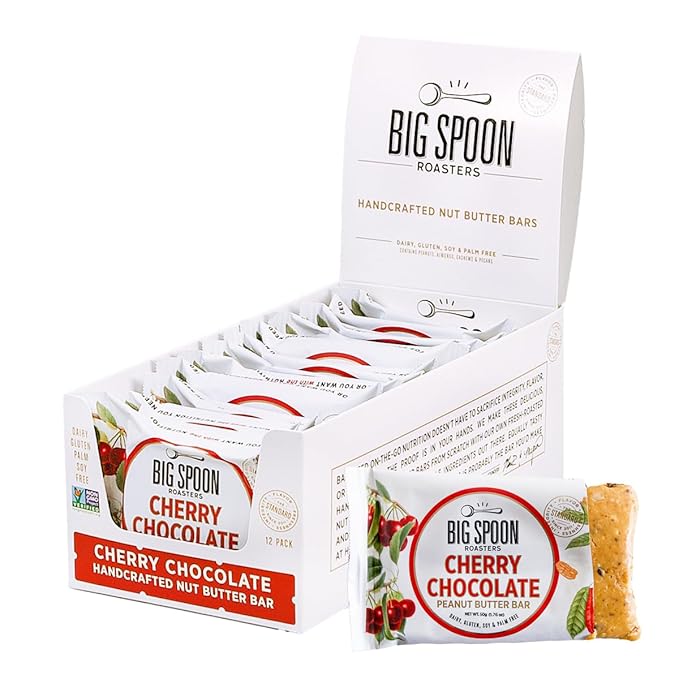 Big Spoon Roasters Cherry Chocolate Nut Butter Bars - Low Carb, High Protein Bars w/Pea Protein - Vegan Snacks w/Peanut & Almond Butter - Gluten-free, Soy-free, & Lean Protein - 1.76 Ounce - 12 Pack