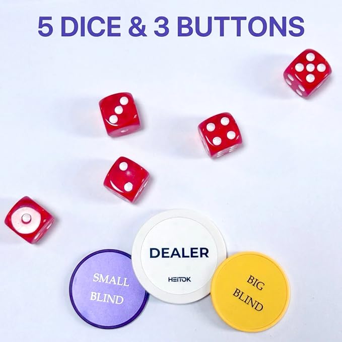 HEITOK Texas Hold'em Poker Chip Set 200-pcs with Aluminum Carrying Case & Professional Weight Chips Plus 5 Poker Dice Waterproof