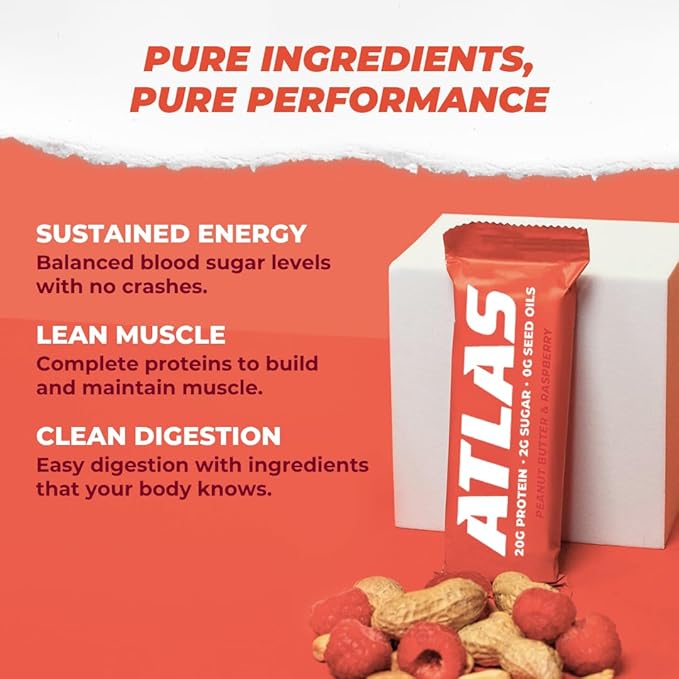 Atlas Real Food Protein Bar – 20g Clean Protein, 2g Sugar, No Seed Oils, No Artificial Sweeteners (Peanut Butter Raspberry, 36 Count)