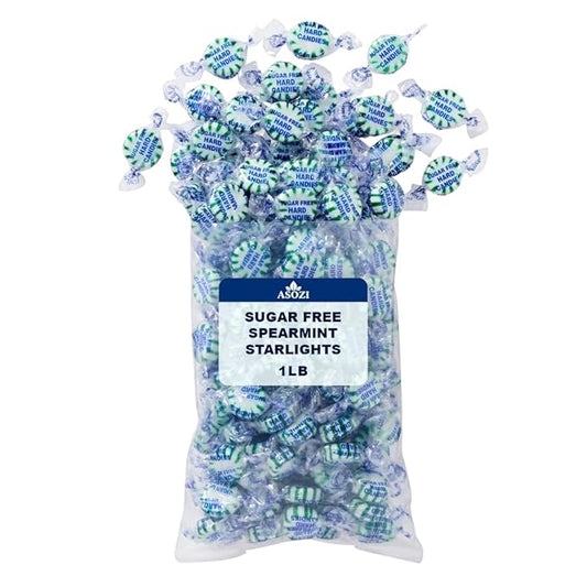 Sugar Free Spearmint Starlights 1 LB – Sugarless Hard Candy Bulk, Guilt-Free Mints for Diabetics, Low-Sugar Diets, Breath Freshening, Refreshing Treats by ASOZI