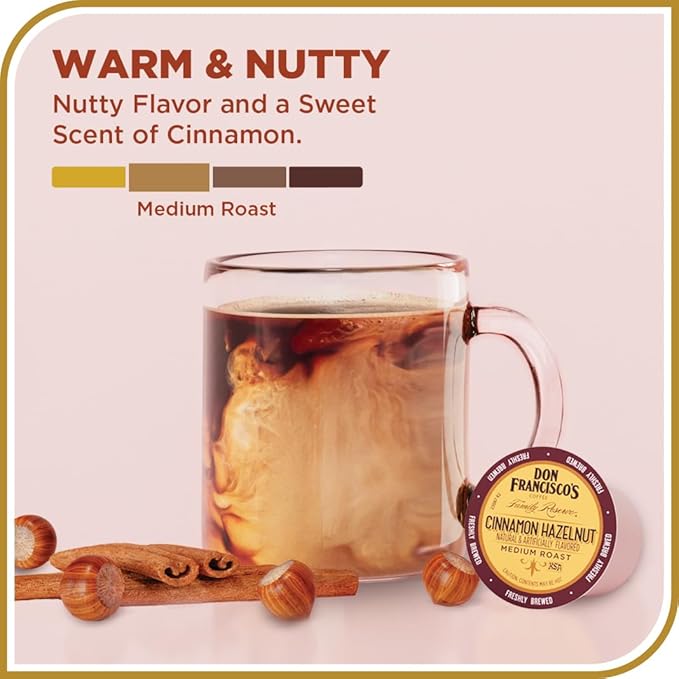 Don Francisco's Cinnamon Hazelnut Flavored Coffee Pods, 24 Count, Medium Roast, Compatible with Keurig Brewers
