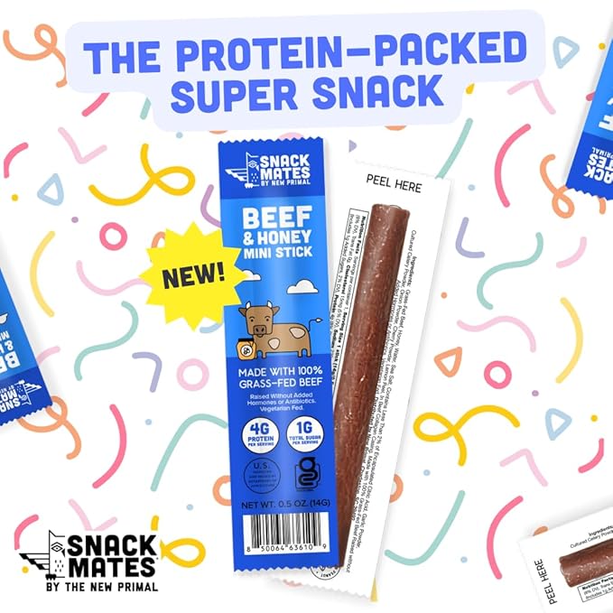 New Primal Snack Mates Beef & Honey Sticks, Healthy Snacks for Kids, Low Sugar High Protein Back to School Snacks, Gluten Free, Mini Jerky Meat Stick, 4g Protein, 50 Calories, 40 Pack