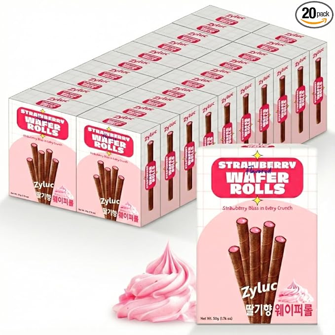 Zyluc Strawberry Wafer Rolls – Crispy Cream-Filled Cookies, Sweet Strawberry-Flavored Snack, 200 Calorie Portion Pack, No Cholesterol, Zero Trans Fat, Premium Treat, 50g x 20 Boxes
