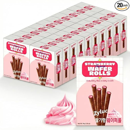 Zyluc Strawberry Wafer Rolls – Crispy Cream-Filled Cookies, Sweet Strawberry-Flavored Snack, 200 Calorie Portion Pack, No Cholesterol, Zero Trans Fat, Premium Treat, 50g x 20 Boxes