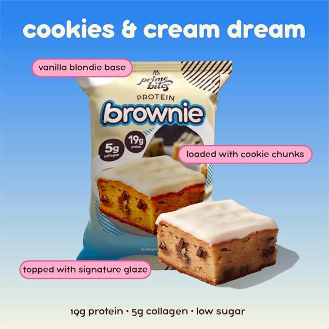 Prime Bites High Protein Brownie (12 Per Box, Cookies & Cream Blondie) - 19g of Protein, 5g of Collagen, Gluten Free, Low Sugar Treat, Delicious Protein Snack