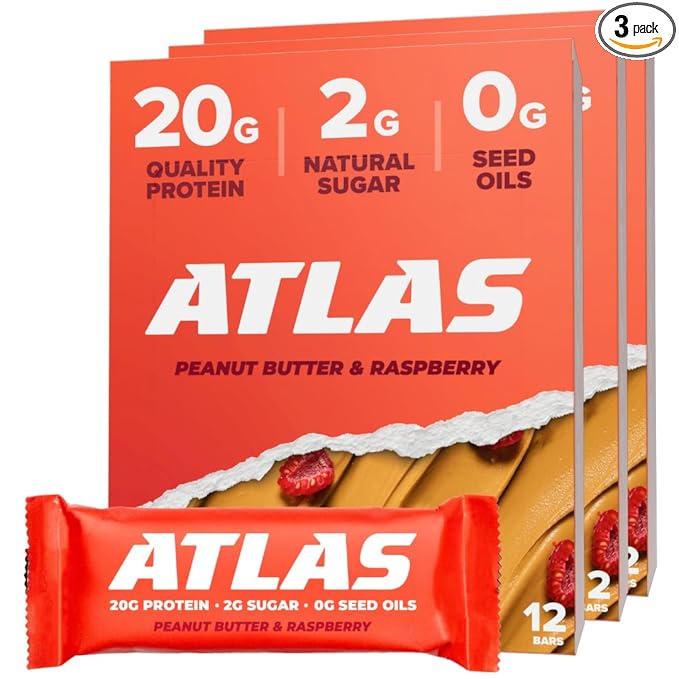 Atlas Real Food Protein Bar – 20g Clean Protein, 2g Sugar, No Seed Oils, No Artificial Sweeteners (Peanut Butter Raspberry, 36 Count)