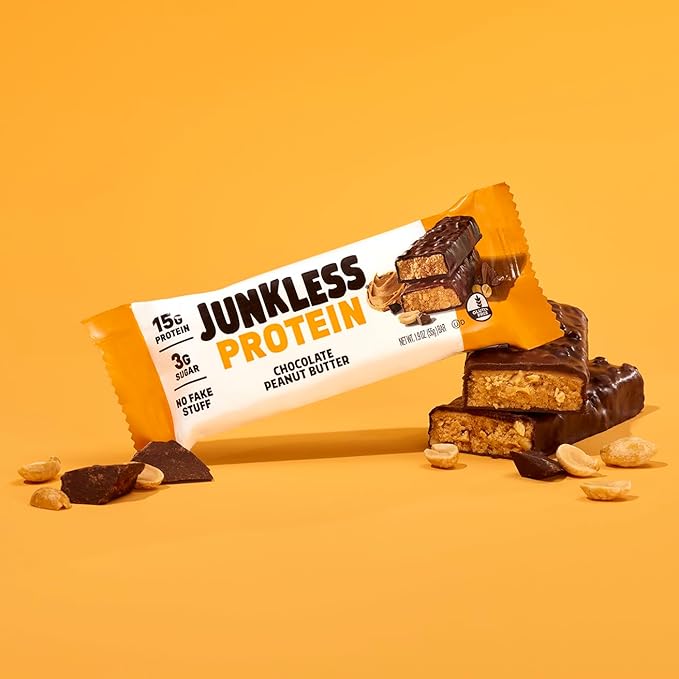 JUNKLESS Protein Bars - Chocolate Peanut Butter - 15g Protein, No Added Sugar, Gluten Free, High Fiber, Delicious Taste and Texture, Satisfying, Healthy Snack for Energy - 12 Bars