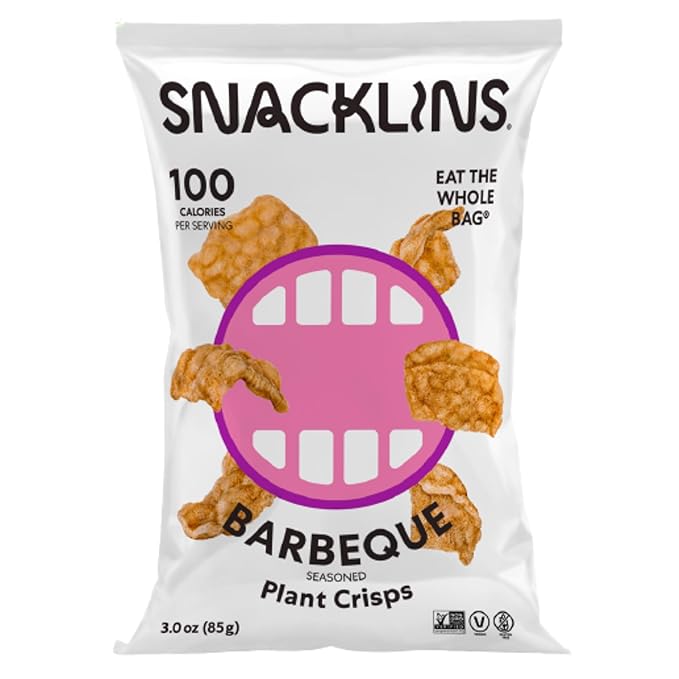 SNACKLINS Plant Based Crisps - Vegan Healthy Snacks - Gluten Free, Grain Free, 100% Kosher For Passover, Low Calorie - No Added Sugar, Crunchy, Puffed Snack - Barbeque - 3oz Bag (6 Pack)
