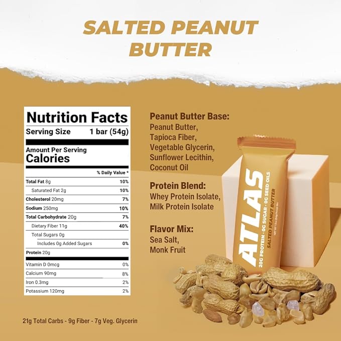 Atlas Real Food Protein Bar – 20g Clean Protein, 0g Sugar, No Seed Oils, No Artificial Sweeteners (Salted Peanut Butter, 60 Count)