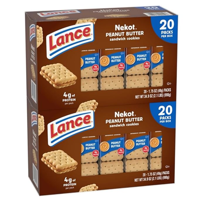 Peanut Butter Sandwich Cookies – 40 Packs of Nekot with Real Peanut Butter Filling – Quality Lance Snacks, 6 Cookies per Pack – Great for Snacks, School & Break Time