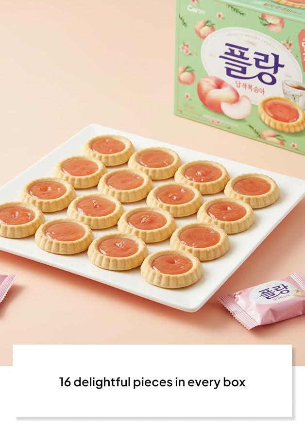 Korean Food CW Flang Flat Peach Dessert Cookies 5.64 oz, Soft Filled Peach Jam Biscuits, Individually Wrapped, 16 Count