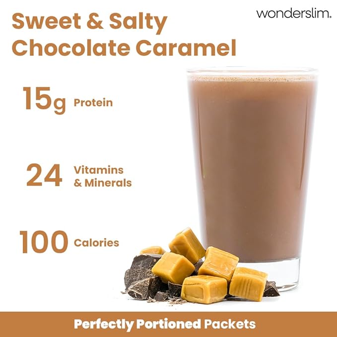 WonderSlim Meal Replacement Shake, Chocolate Salted Caramel, 15g Protein, 24 Vitamins & Minerals, Gluten Free, Low Carb (7ct)