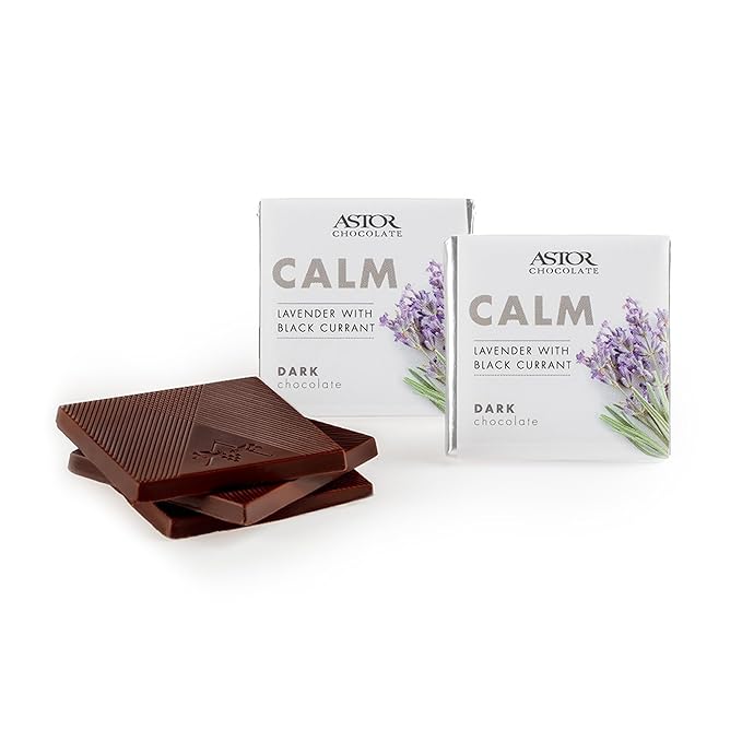 Astor Chocolate Calm Dark Chocolate Lavender Black Currant Squares Gift Set | Chocolate Lovers Mini Bar Box l 18pc Individually Wrapped Calming Belgian Chocolate Basket | 0.33oz Each Minibar Gourmet Snack | Kosher Food Candy Holiday Bars