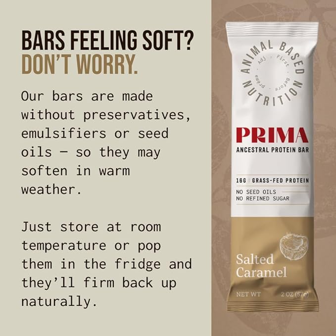 PRIMA ANCESTRAL PROTEIN BAR Grass Fed Protein Bars, 7 Pack – Animal-Based Protein Bar with Beef Tallow, Raw Honey, Seed Oil Free, Low Carb, Gluten-Free – Healthy, Energy Snacks for Clean Lifestyle (7 Pack, Salted Caramel)