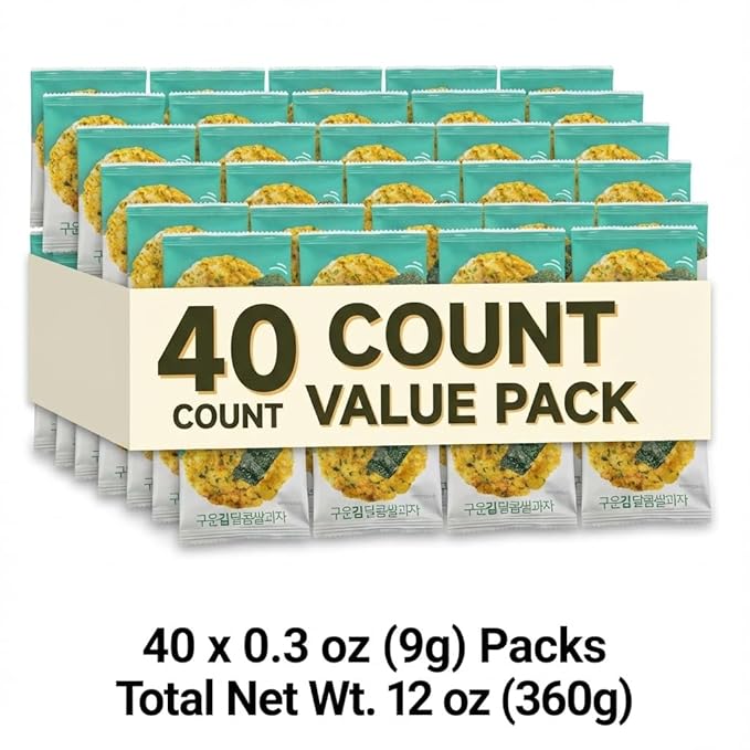 Baked Seaweed Sweet Rice Crackers, Korean Rice Snack with Roasted, Individually Wrapped, Light & Crunchy Snack (Seaweed Round (0.32 oz) - 40 Packs)