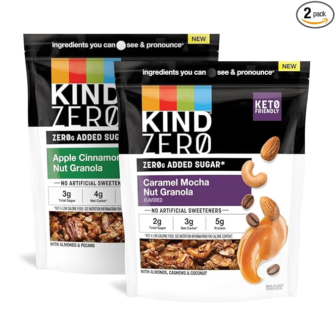 KIND Zero Added Sugar Keto Granola, Variety Pack, Apple Cinnamon Nut and Caramel Mocha Nut, Good Source of Fiber, Gluten Free, Low Sugar, 5g Protein, 2 Count