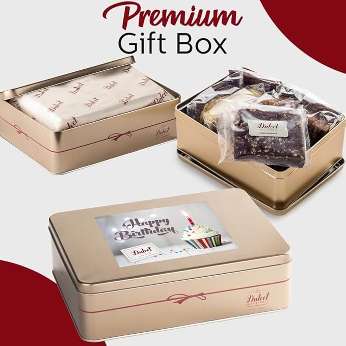 Birthday Gift Basket for Women - 18 Individually Wrapped Brownies Freshly Baked in a Variety of Flavors - Dulcet's Signature Flavored Fudge Brownies - Gift Box Comes with Happy Birthday Card