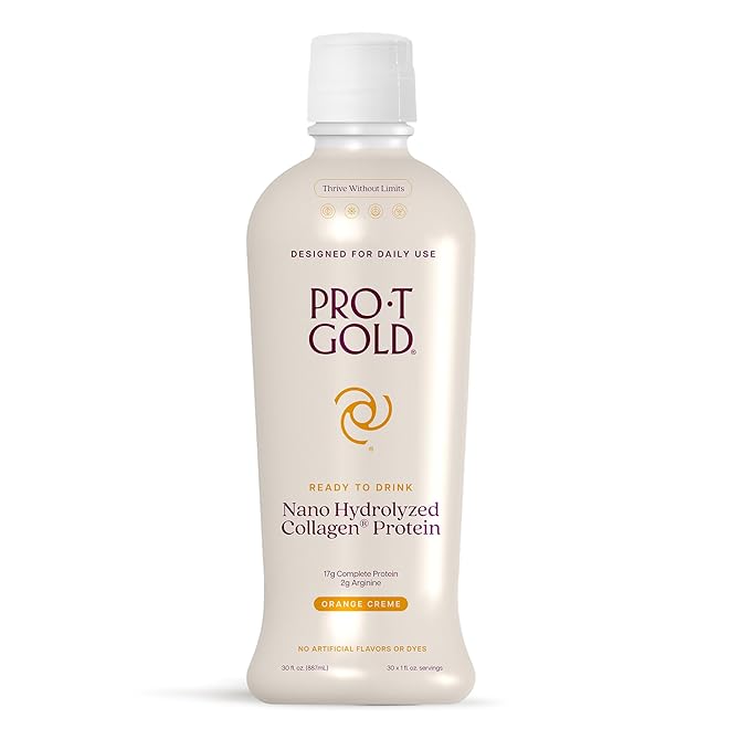 ProT Gold Liquid Collagen Protein Shot, 17g Clear Protein Nano-Hydrolyzed Grass Fed Collagen, 2g Arginine for Wound Support, Gluten Free, Sugar Free, 0g Carbs, Non GMO, Orange Creme, 30 fl oz Bottle