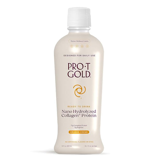 ProT Gold Liquid Collagen Protein Shot, 17g Clear Protein Nano-Hydrolyzed Grass Fed Collagen, 2g Arginine for Wound Support, Gluten Free, Sugar Free, 0g Carbs, Non GMO, Orange Creme, 30 fl oz Bottle