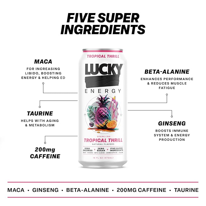 Lucky Energy Sugar Free Energy Drinks, Tropical Thrill, 16oz Cans (12-Pack) Healthy, Zero Sugar Energy Drink with Maca, Ginseng, Beta-Alanine, Taurine & 200mg Caffeine
