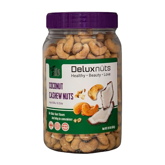 DELUXNUTS Premium Roasted Coconut Cashew Crunch 21oz | Toasted Coconut Cashews Gift, Whole Cashew Nuts Snack Mix, Healthy Gourmet Snack for Adults, High Protein, Gluten-Free, Premium Holiday Gift Idea
