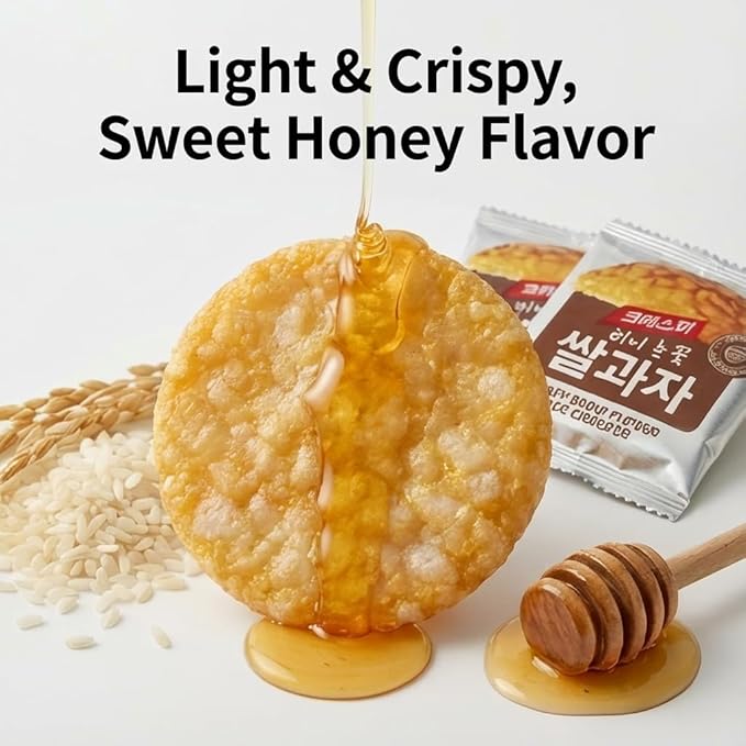 Crispy Honey Snow Flower Rice Cracker, Korean Sweet Rice Snack, Individually Wrapped Light Crunchy Treat (Honey Round (0.28 oz) - 30 Packs)