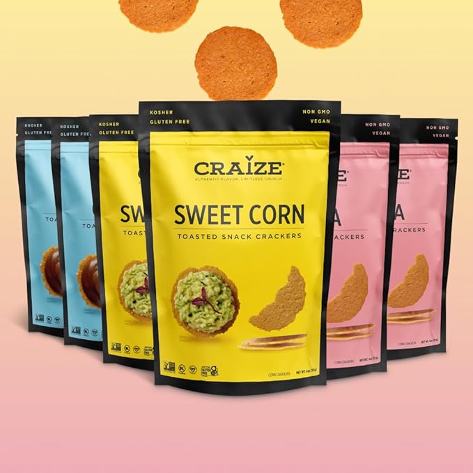 Craize Sweet Flavor Variety Pack | 2x Sweet Corn, 2x Coconut, 2x Guava Crisps | Gluten Free, Vegan, Kosher, Toasted Corn Crackers | 6 pack, 4 oz each