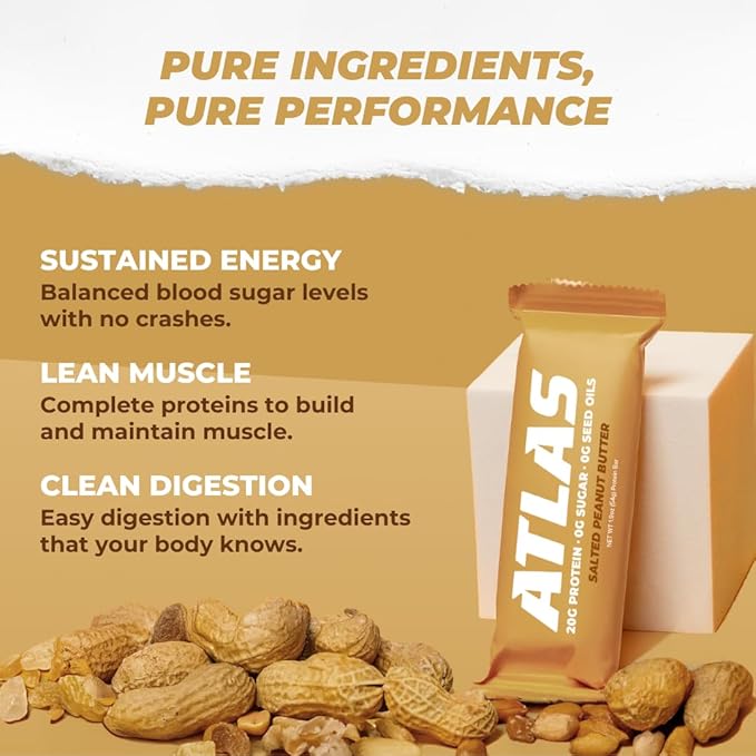 Atlas Real Food Protein Bar – 20g Clean Protein, 0g Sugar, No Seed Oils, No Artificial Sweeteners (Salted Peanut Butter, 24 Count)